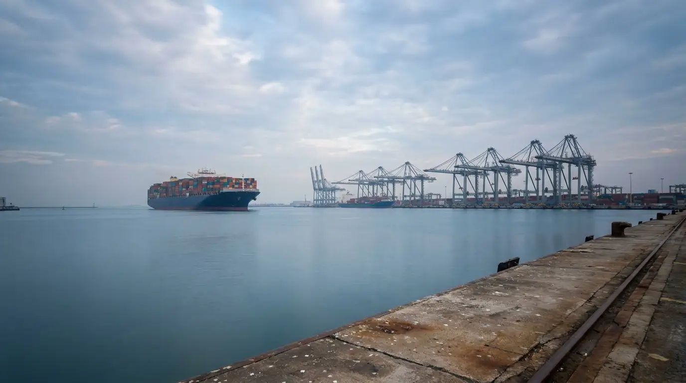 Cargo ship approaching port with cranes against cloudy sky at industrial harbor
