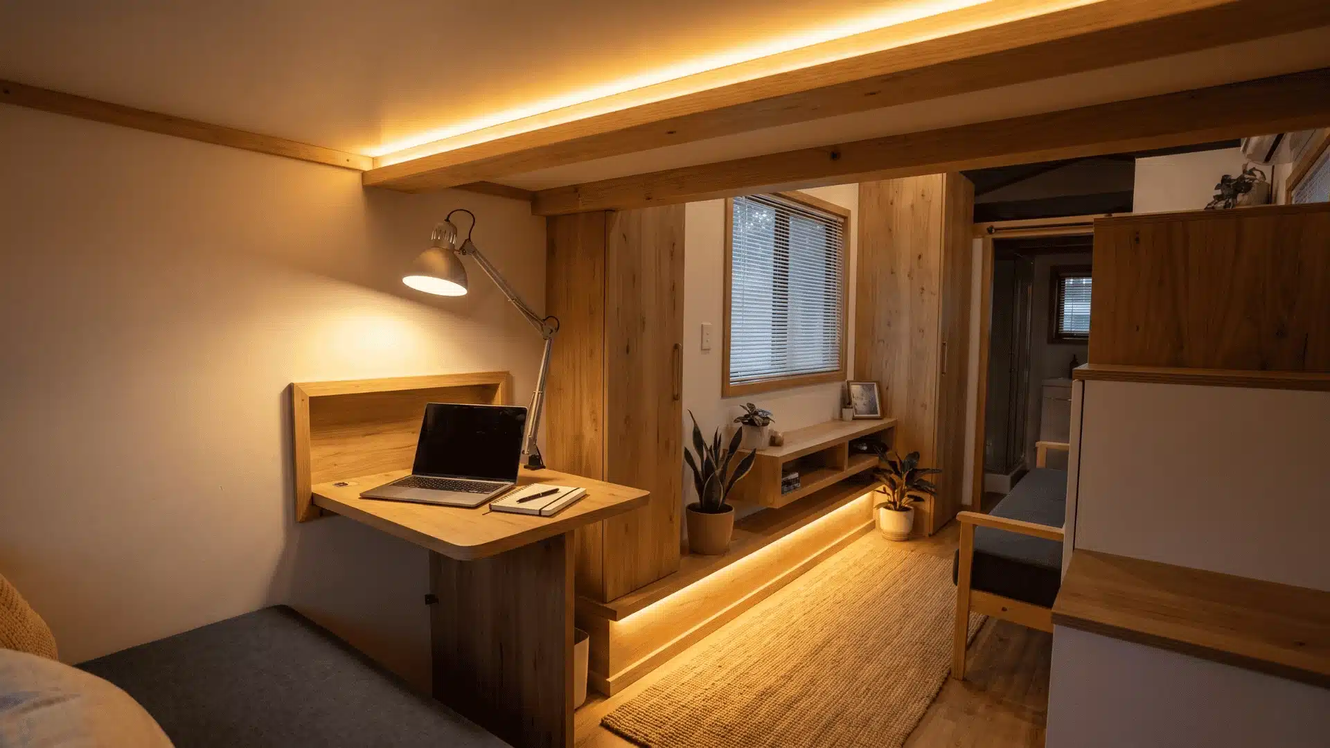 Tiny home interior with ceiling light, task lighting, and low-level ambient lights