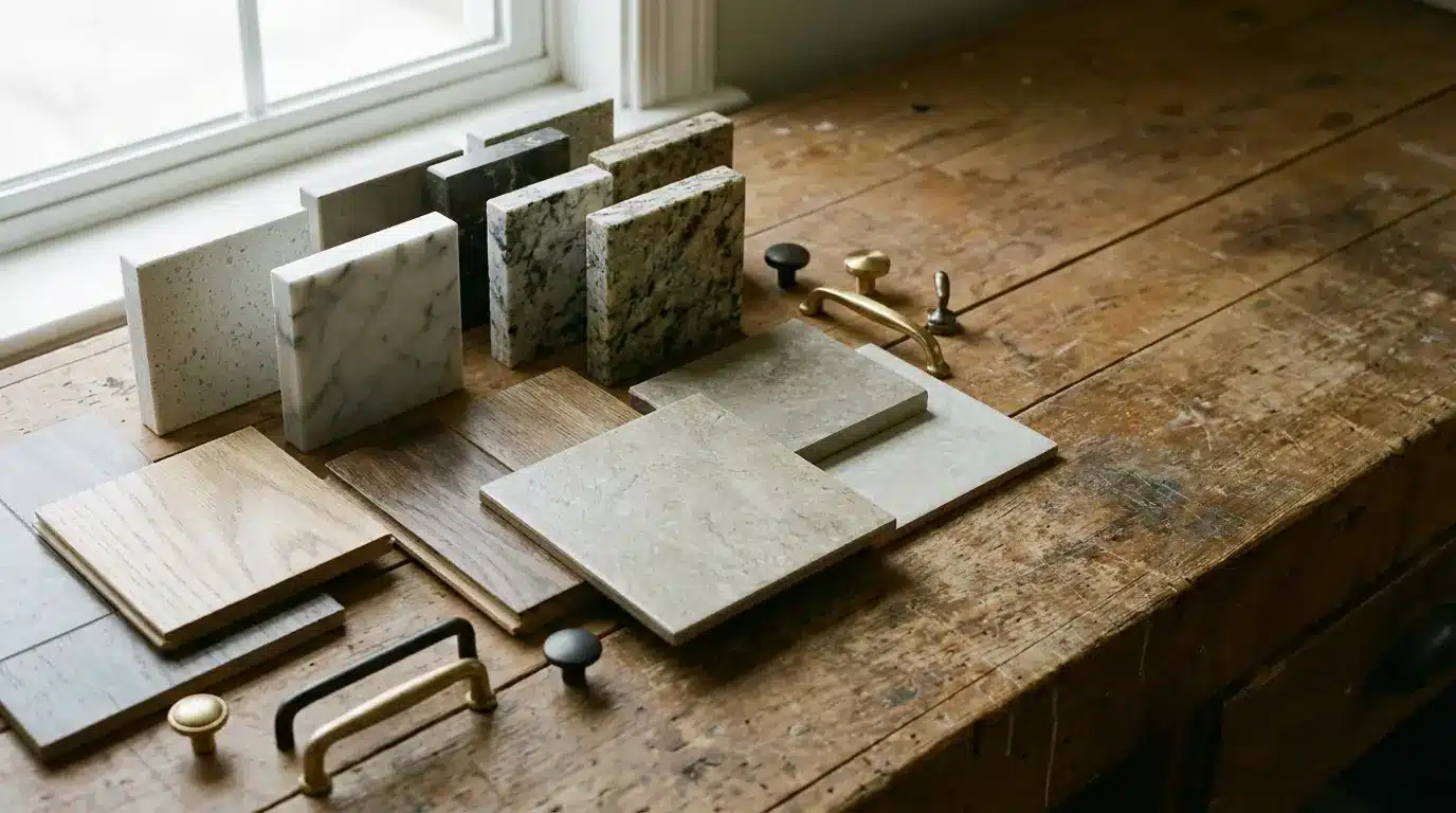 Stone and wood samples with brass handles on rustic wooden table near window