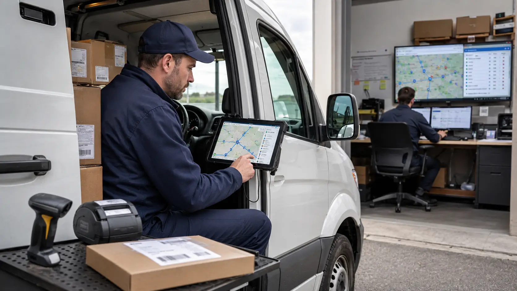 Delivery worker using tablet in van with office colleague tracking on multiple screens