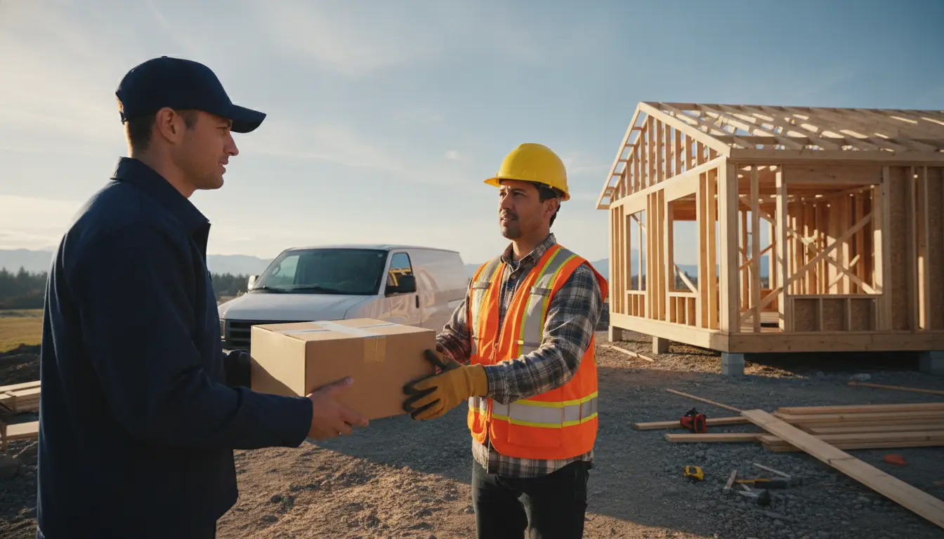 Construction worker receiving a package from a delivery person at a building site