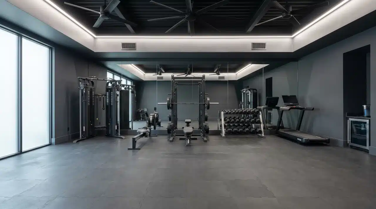 Home gym interior with rubber flooring, floor-to-ceiling mirrors, power rack, cable machine, dumbbell rack, treadmill, and ceiling-mounted ventilation fans.