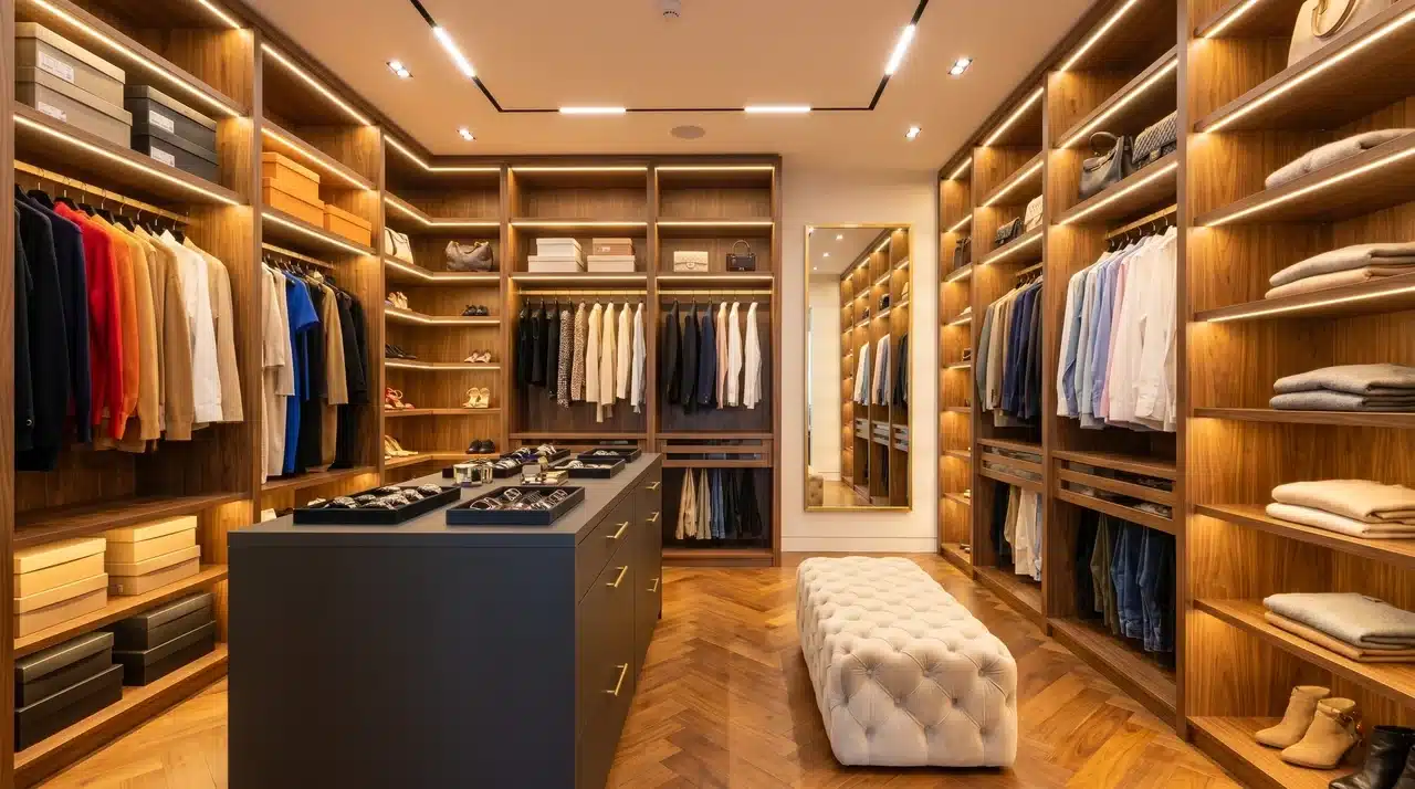 Luxury walk-in closet with floor-to-ceiling shelves, color-coded clothes, LED lighting, and a central velvet drawer island.