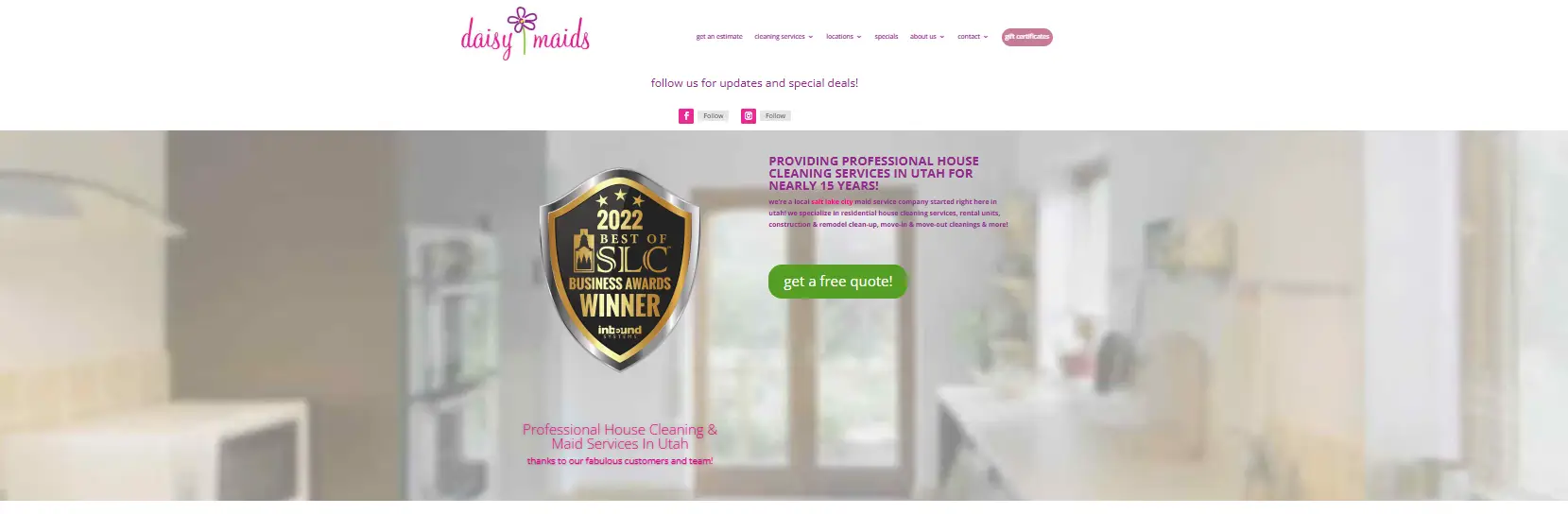 Blurry kitchen interior with award badge overlay and text about professional cleaning services