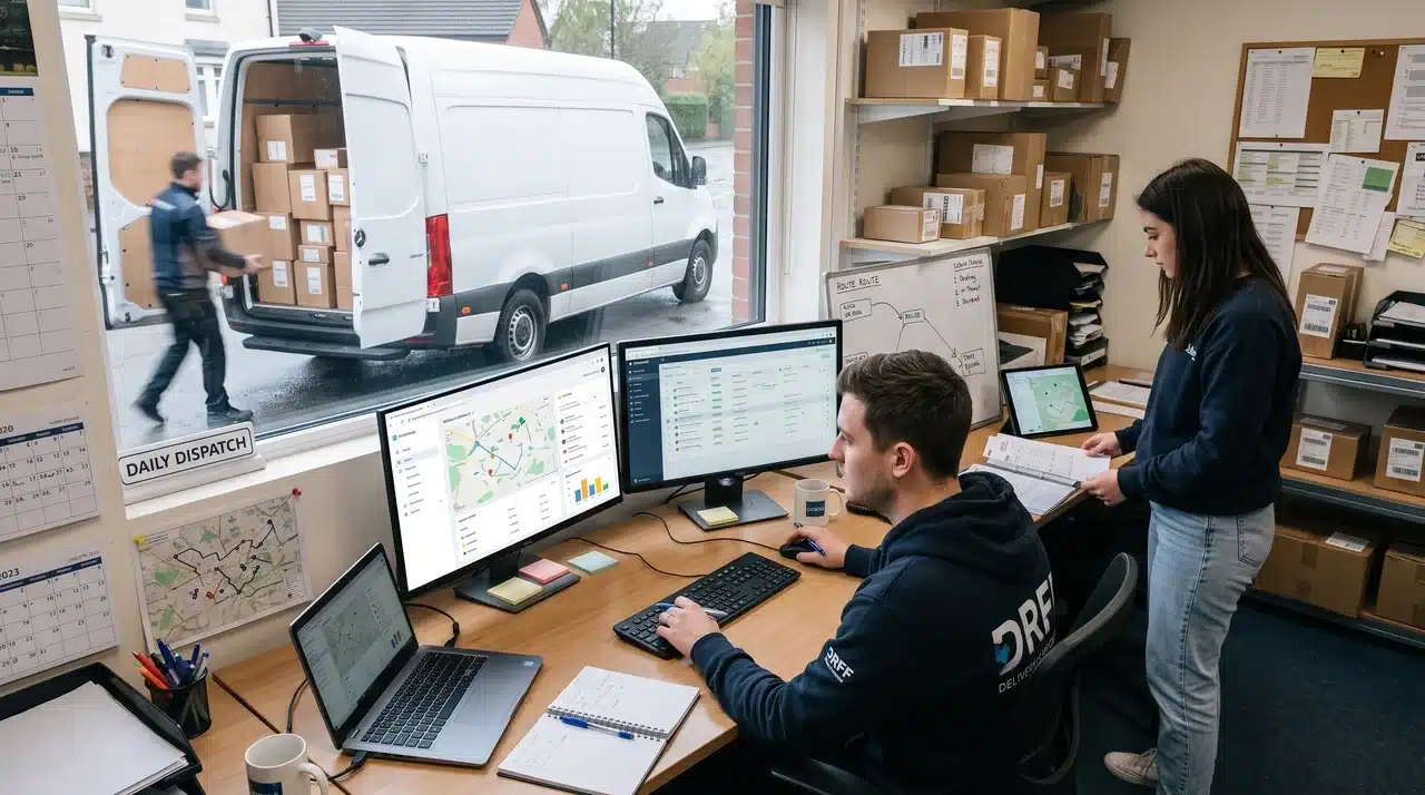 Small delivery operation using software for tracking routes, drivers, and customer updates.