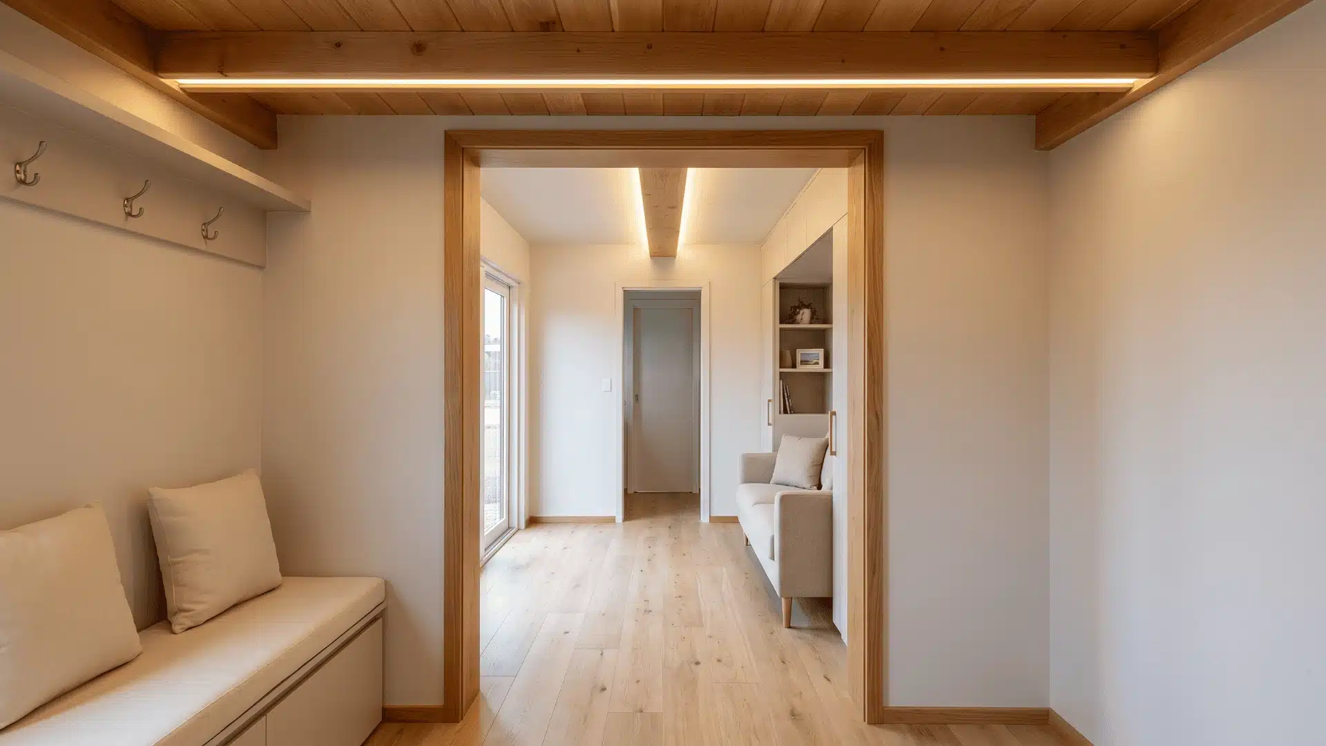 Entry transition between tiny home areas with matching flooring and lighting