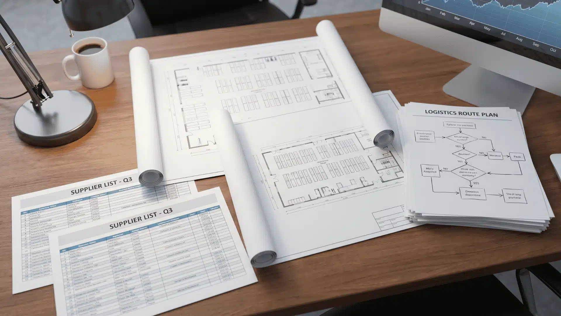 Warehouse layout maps and supplier lists on a desk representing supply chain design