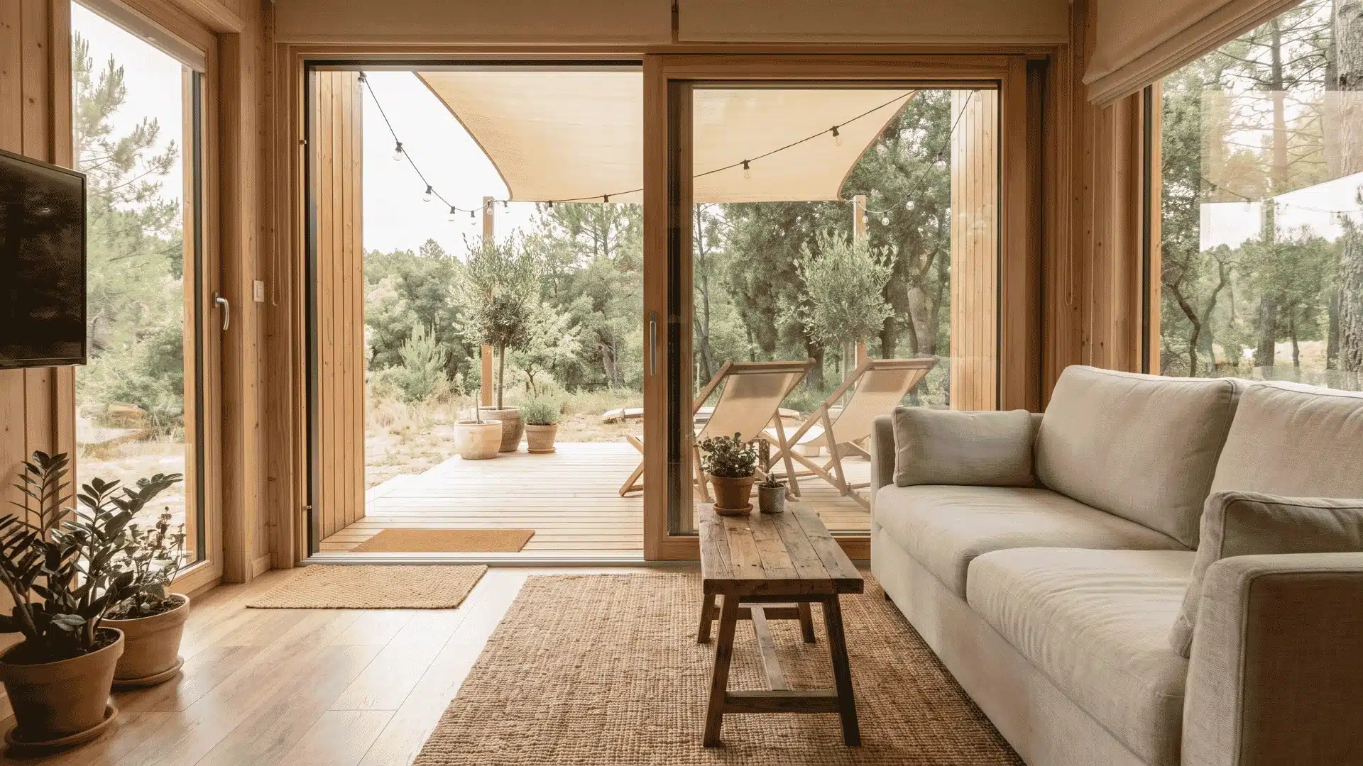 Tiny home living area opening to an outdoor deck through glass doors