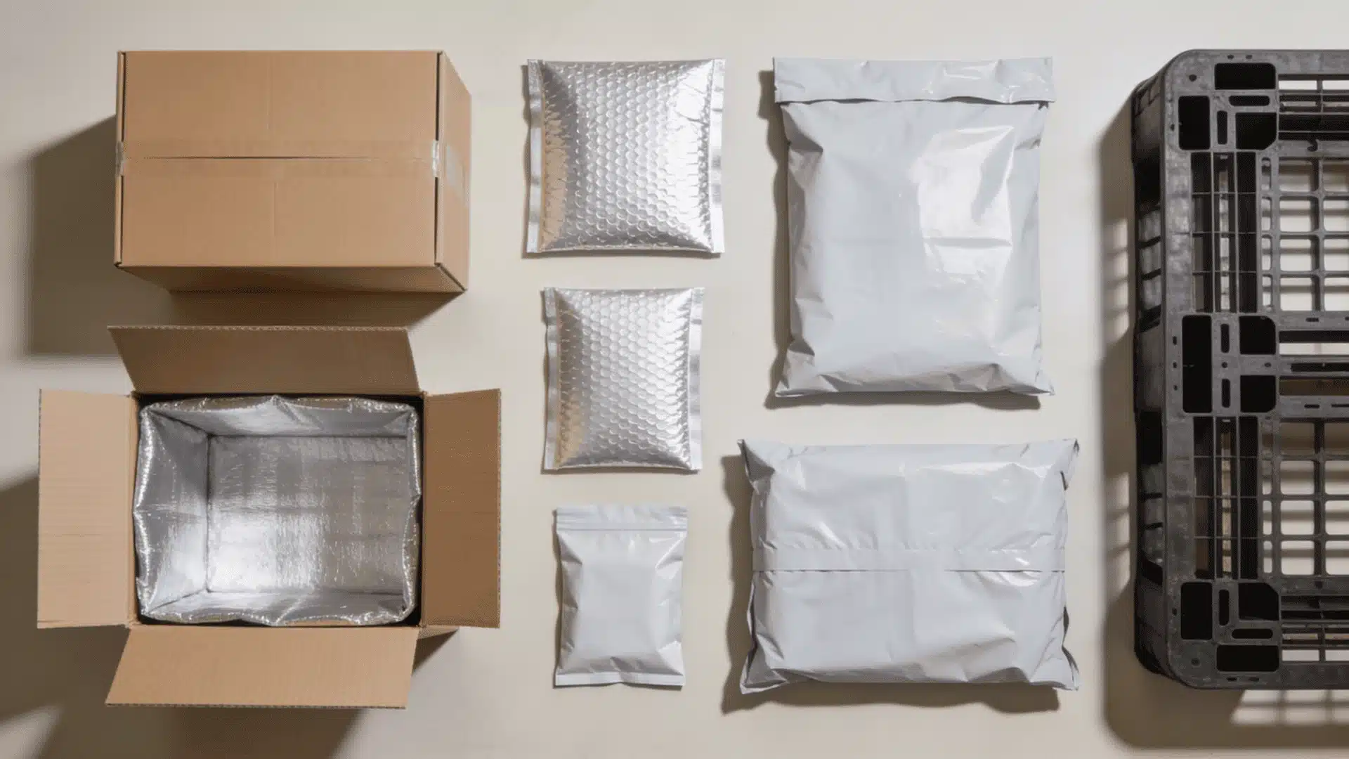 Different primary packaging formats including insulated shippers, box liners, pouches, and pallet covers laid out on a neutral surface. (1)