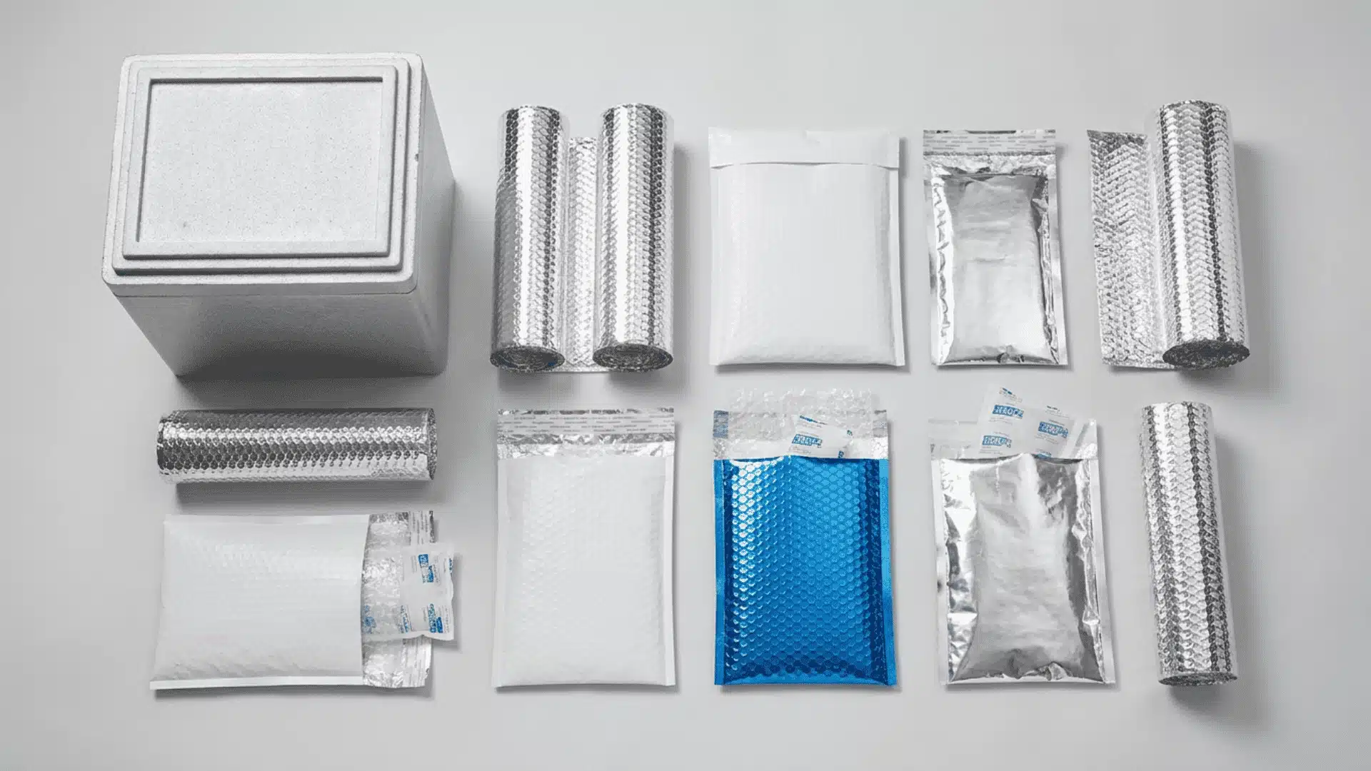 Different types of temperature-controlled packaging including insulated shippers, box liners, and pouches arranged in a clean, neutral setting