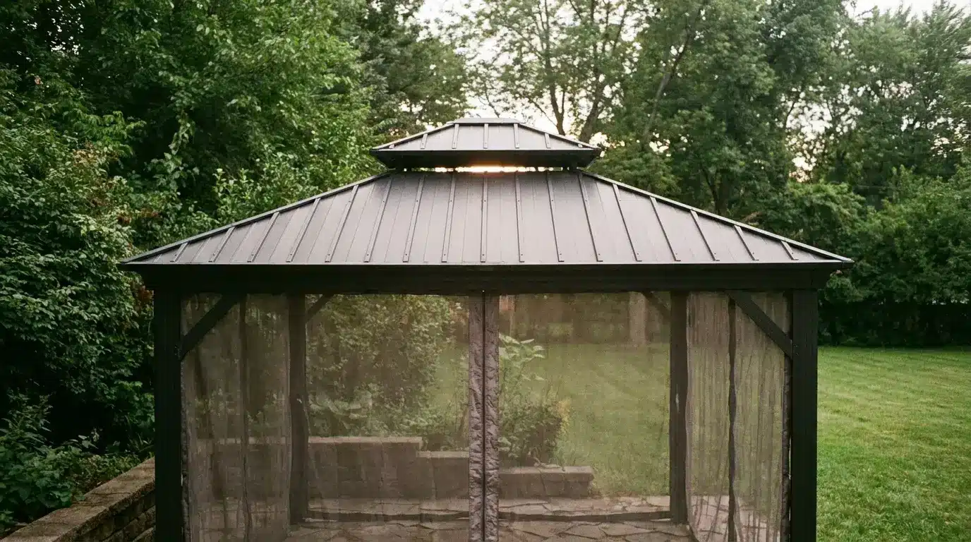 Dark gazebo with metal roof in lush green backyard setting