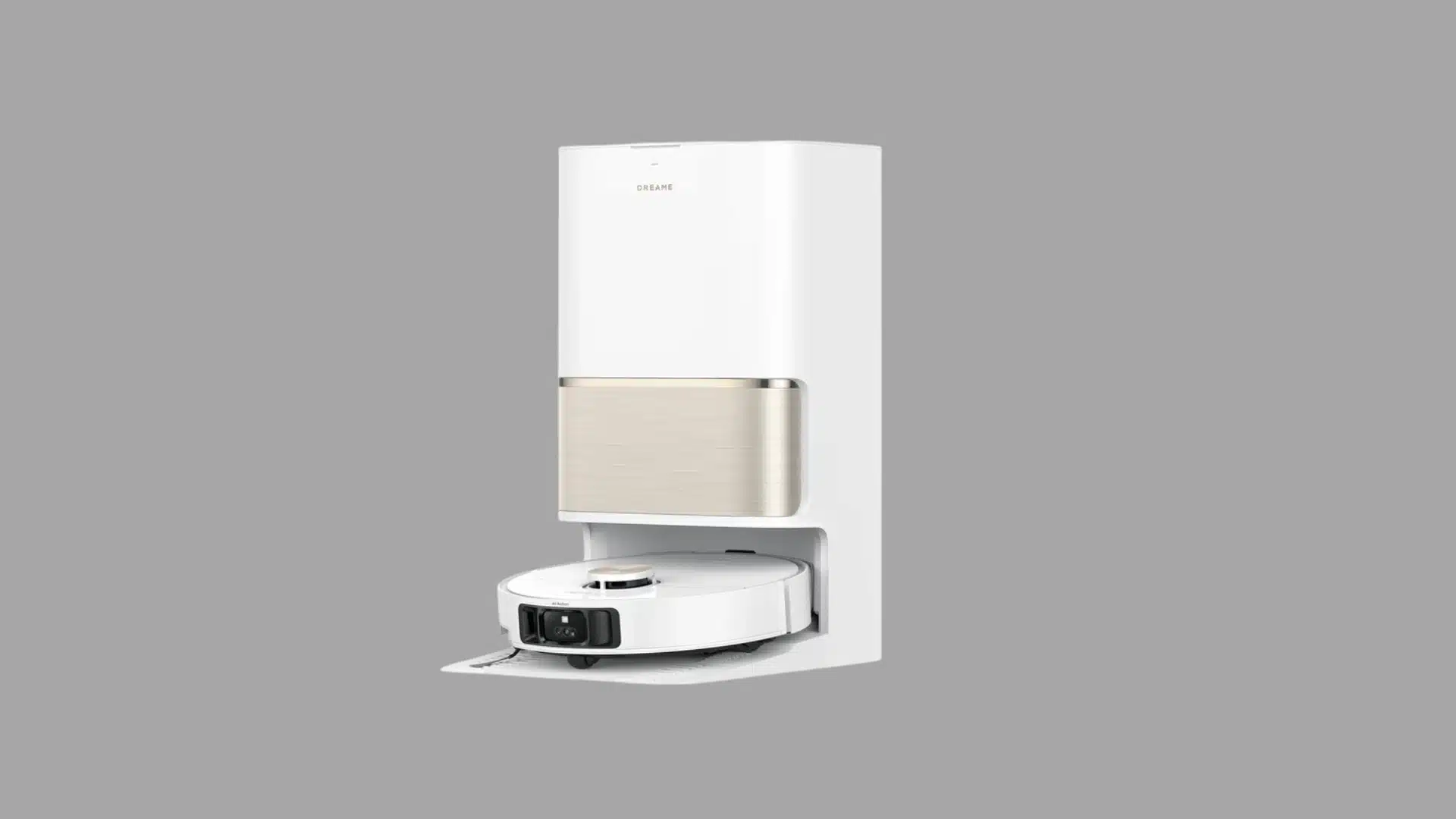 White robot vacuum with a self-emptying dock displayed on a plain background.