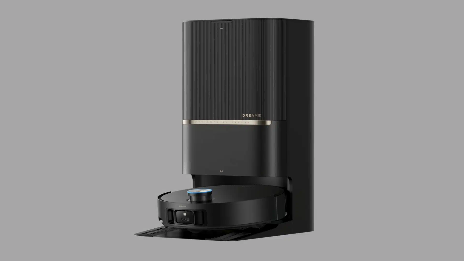 Black robot vacuum with a tall self-emptying dock displayed on a plain white background.