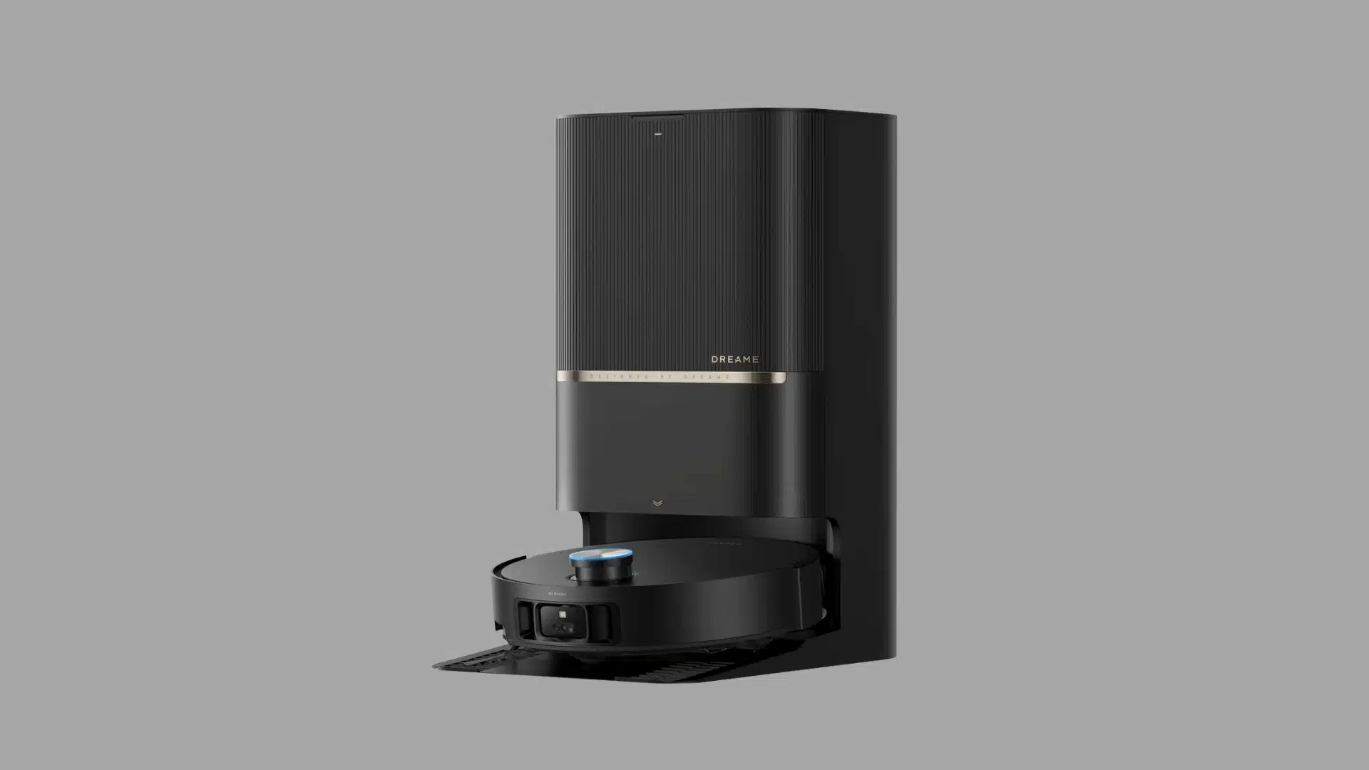 Black Dreame robot vacuum with a self-cleaning dock, side brushes, smartphone app, and smartwatch controls.