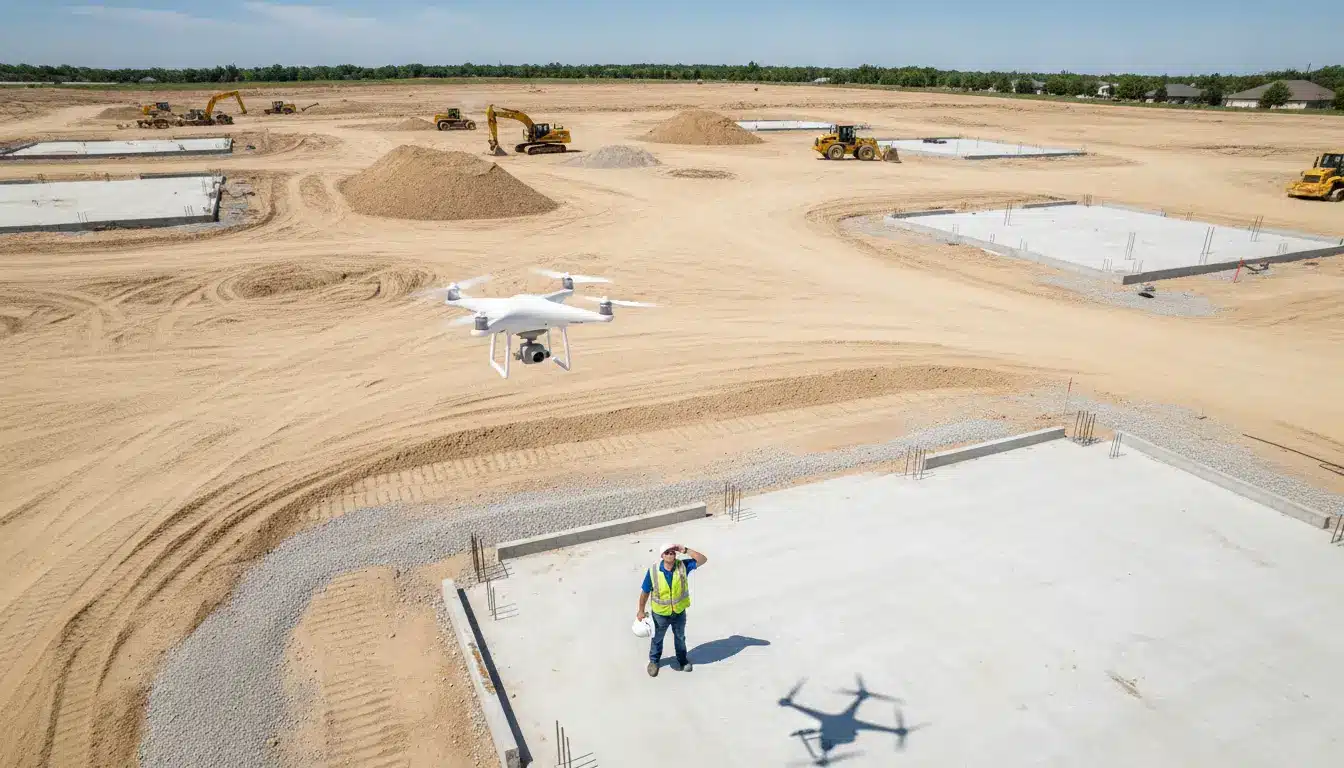 Drone flying over construction site with worker in safety gear and heavy machinery in background
