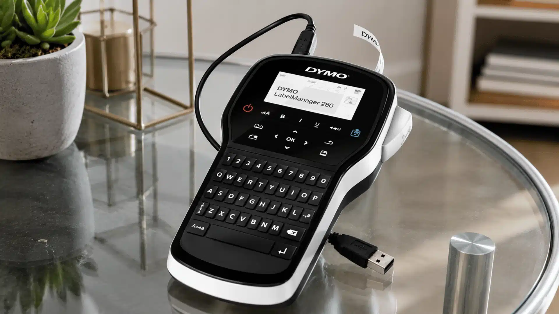 The DYMO LabelManager 280 is now shown on a reflective glass table in a wide 16:9 home-office scene.