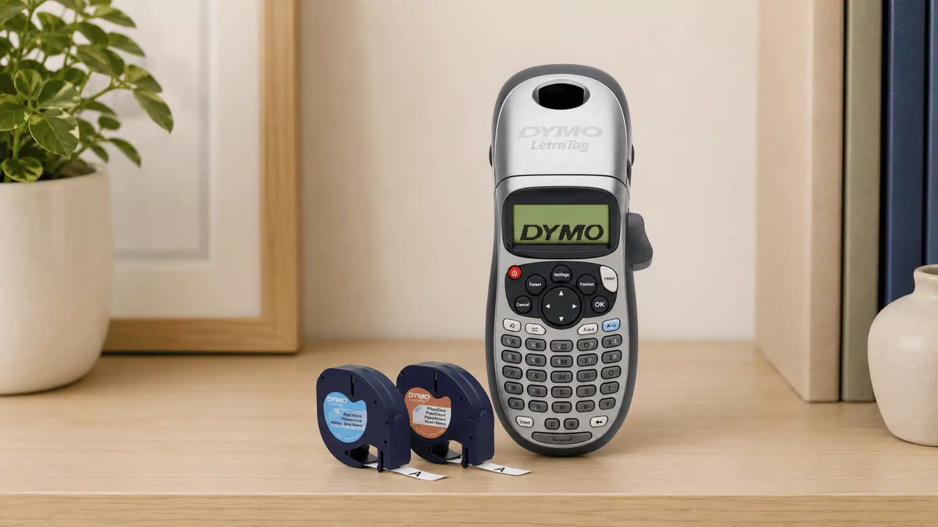 Dymo LetraTag label maker with two tape cartridges displayed on a wooden shelf.