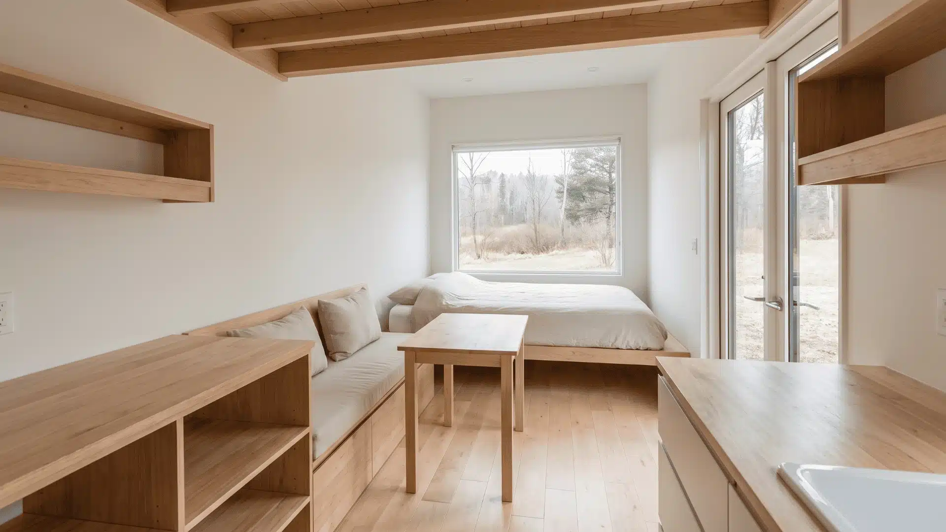 Minimal tiny home interior with essential furniture and open surfaces