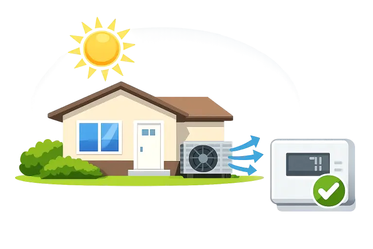 Illustration of house with HVAC unit and thermostat, sun shining above in clear sky