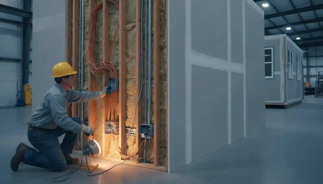 Construction worker inspecting electrical wiring in an unfinished wall within a warehouse setting
