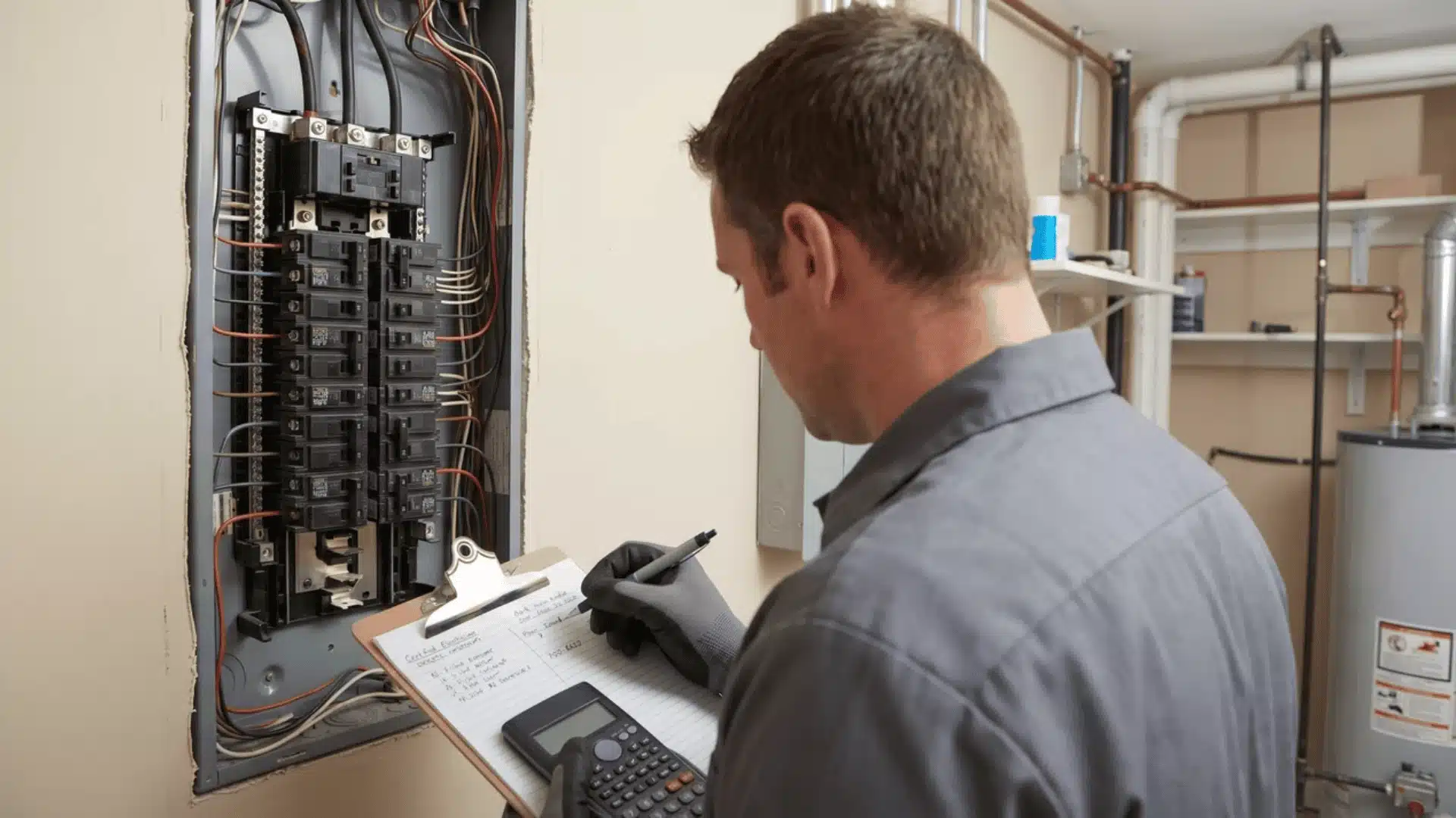 Electrician calculating load near residential electrical panel