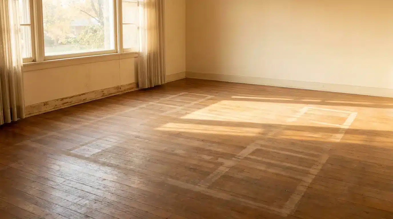 Empty sunlit room with hardwood floors and sheer curtains by large windows