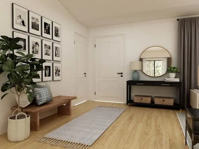 Modern entryway with wooden bench and indoor plant, black console table with mirror and baskets
