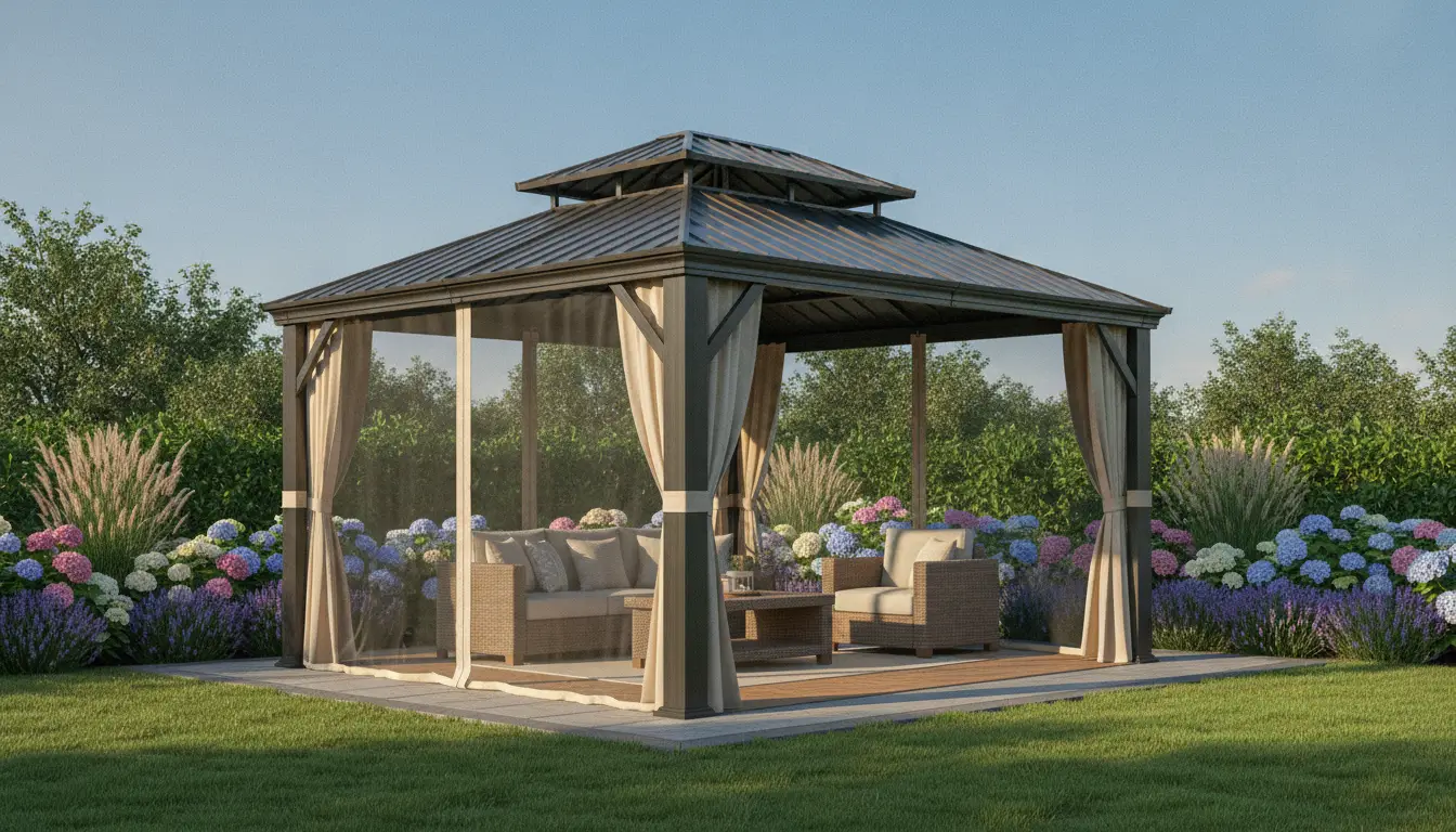 Outdoor gazebo with wicker seating surrounded by colorful blooming flowers and green foliage