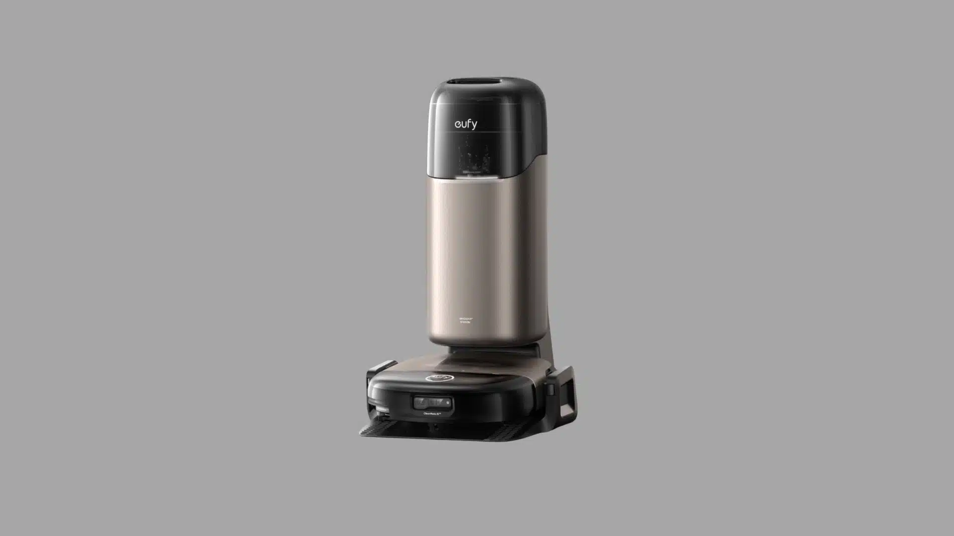 Robot vacuum with a tall self-emptying dock on a dark floor under focused lighting