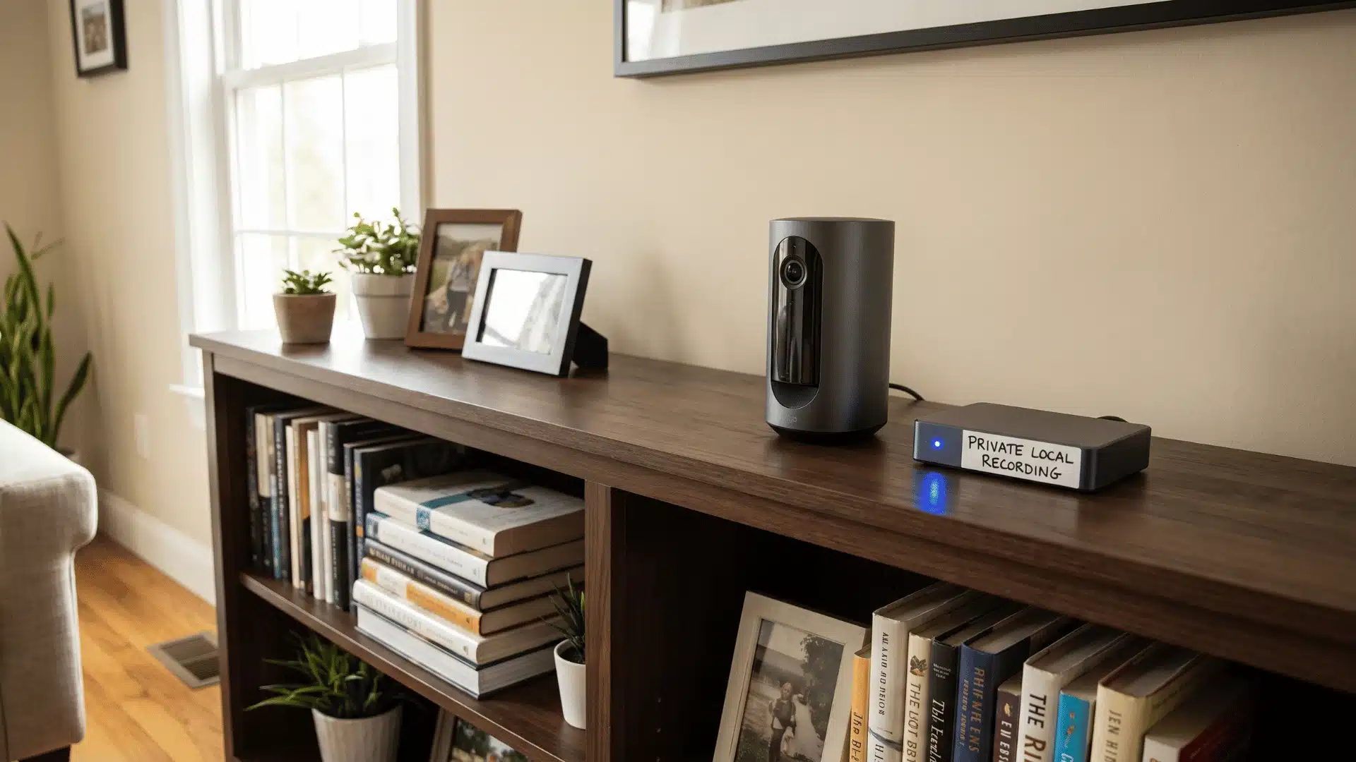 Indoor security camera with local storage device on a living room shelf.
