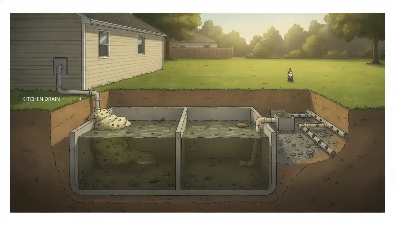 Cutaway view of septic tank system in suburban backyard with labeled kitchen drain connection