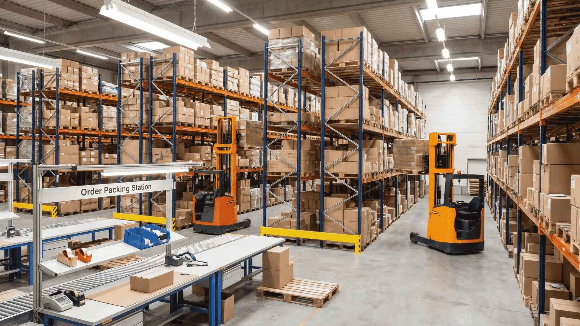 Warehouse shelves with boxes and forklifts showing supply chain execution
