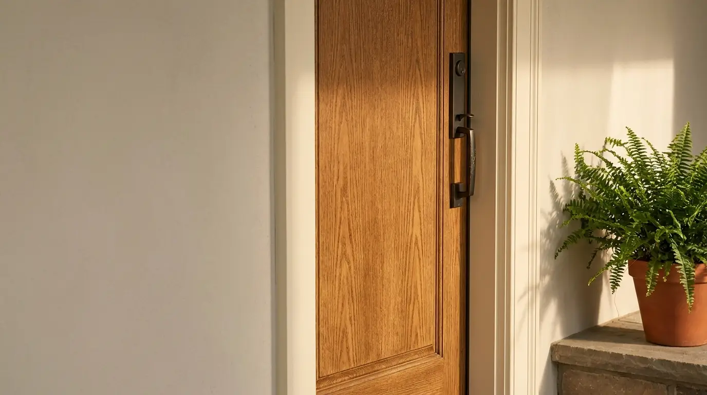 Wooden door with black handle next to potted fern in natural light setting