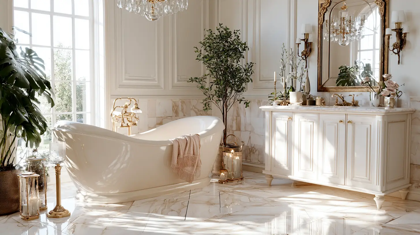 Freestanding bathtub in luxurious bathroom with marble floors and gold fixtures