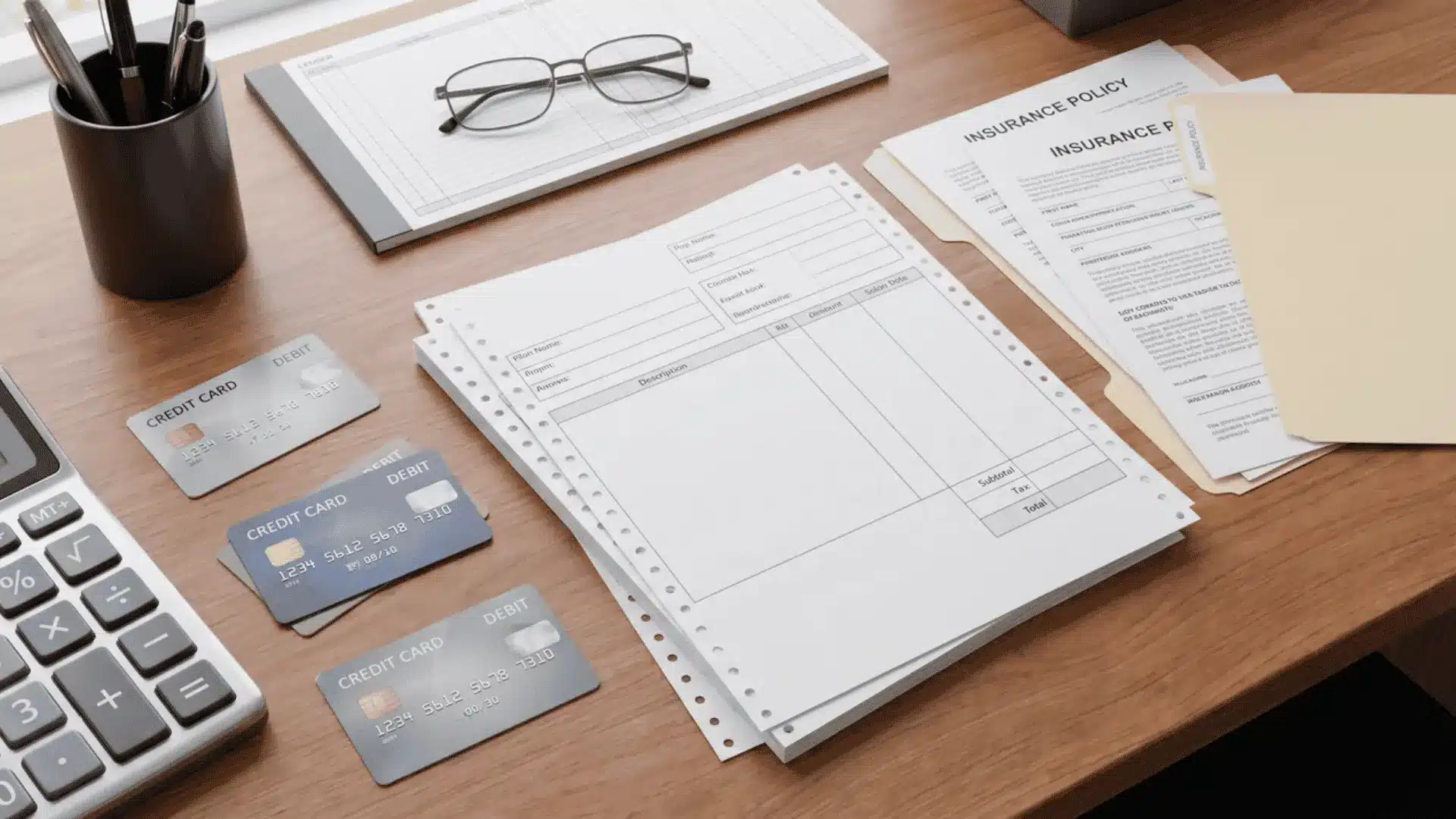 bank cards calculator and financial documents on office desk