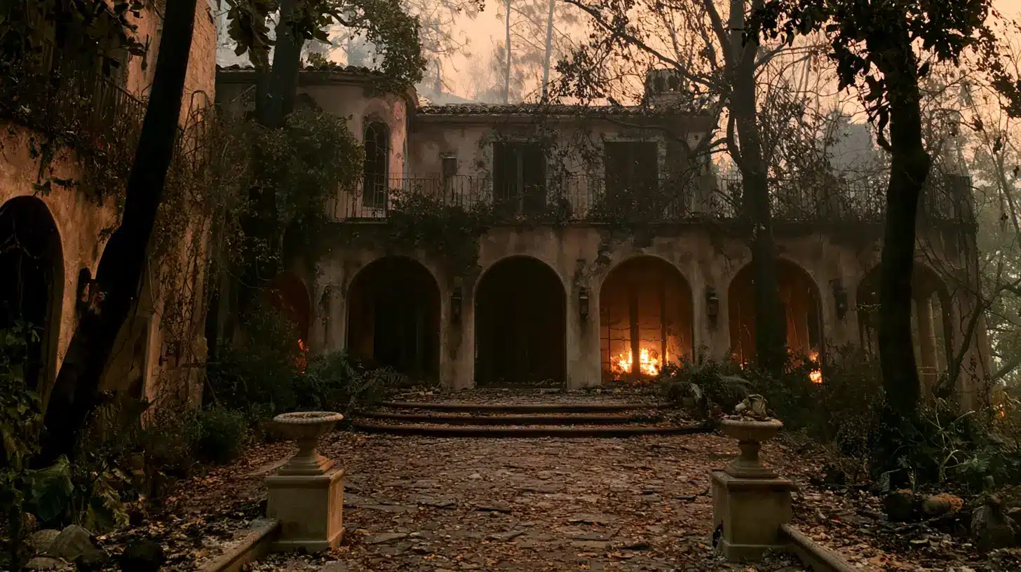 Old mansion with fire inside visible through arches, surrounded by overgrown garden in dusk lighting