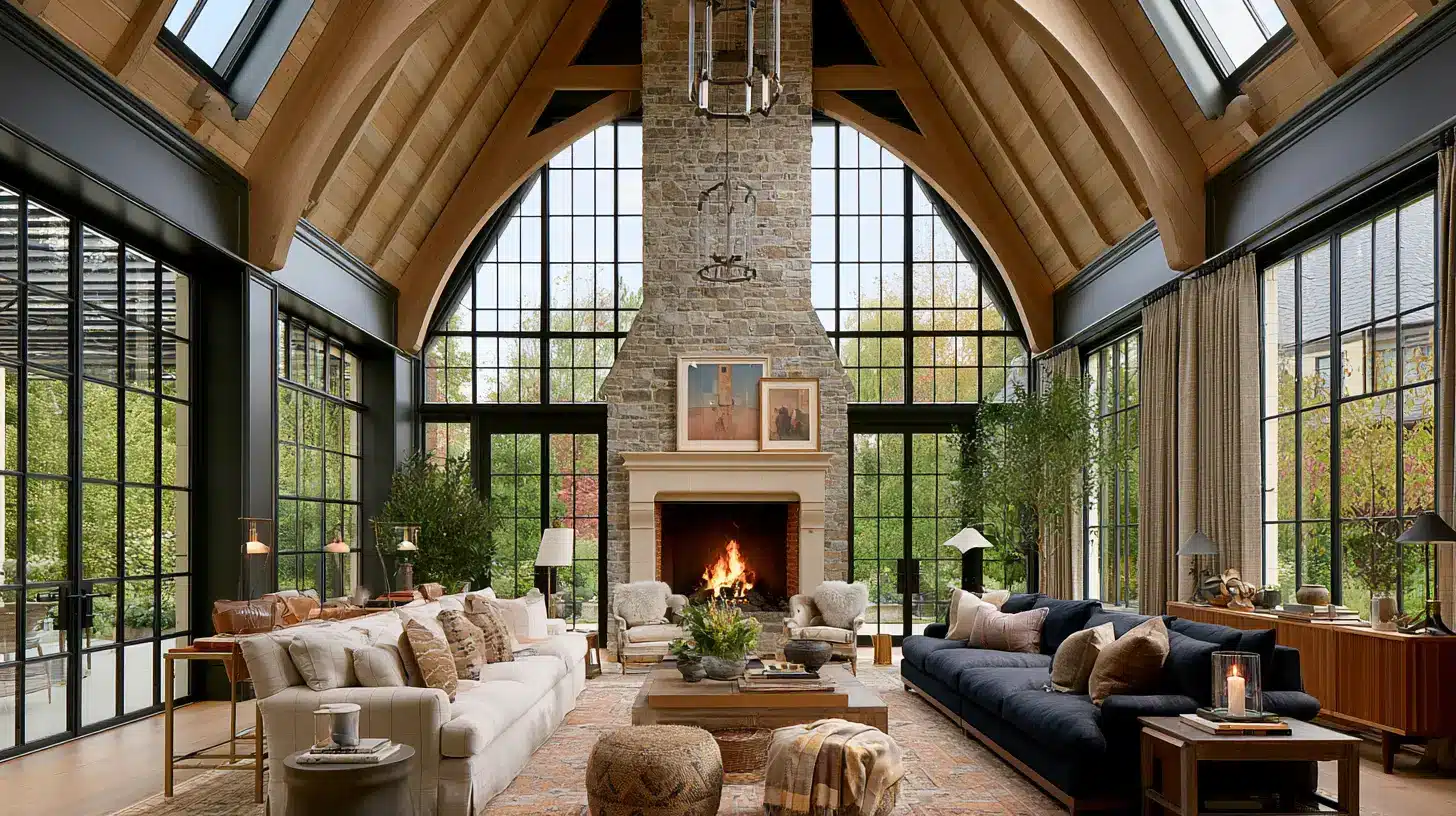 Spacious living room with vaulted ceiling, stone fireplace, cozy sofas, and large windows with garden view