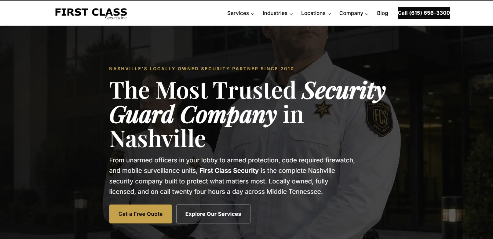Security officer in uniform standing outside modern office building with dark glass facade