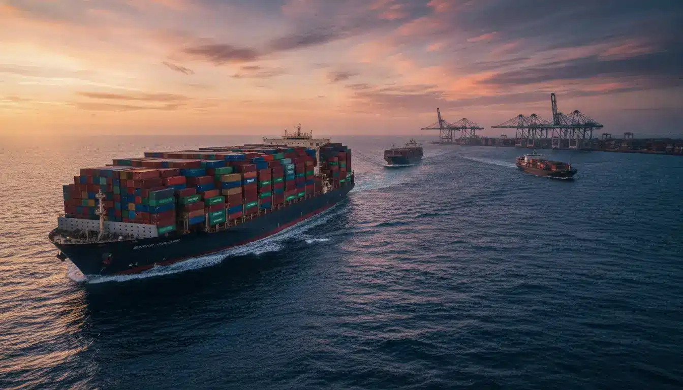 Cargo ship carrying colorful containers departing port at sunset with cranes in the background