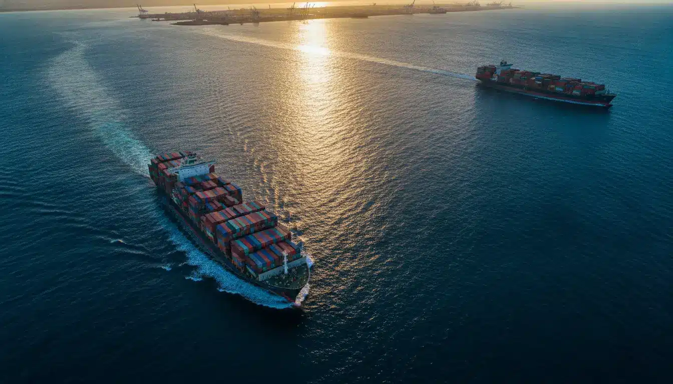 Container ships sailing on calm ocean under golden sunrise sky