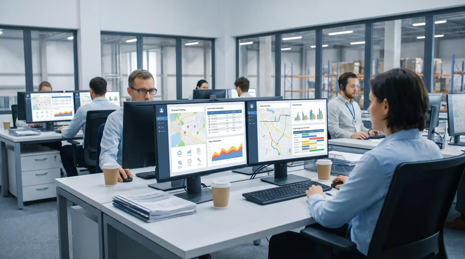 Freight management software screens showing shipment tracking, carrier rates, route planning, and load assignments.