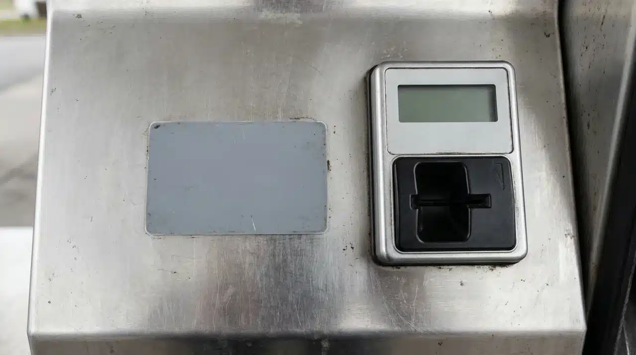 Fuel card placed flat beside a card reader terminal mounted on a retail pump surface