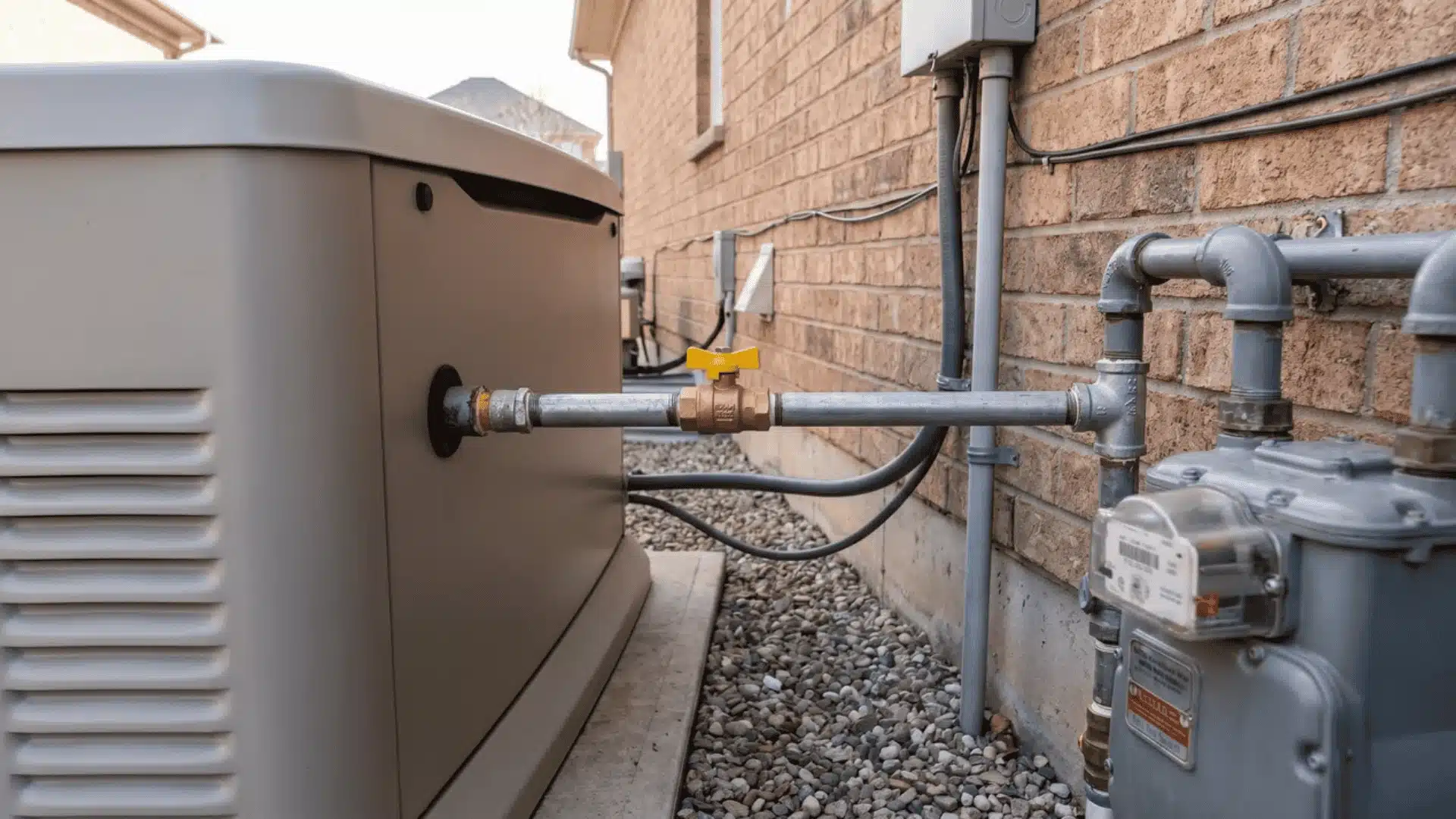 Gas line connected to standby generator near residential gas meter