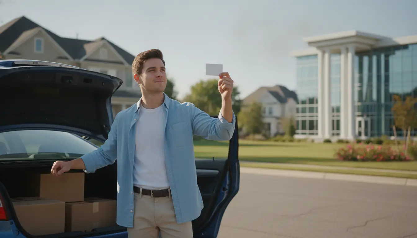 Man holding card next to car with open trunk, outdoor suburban setting