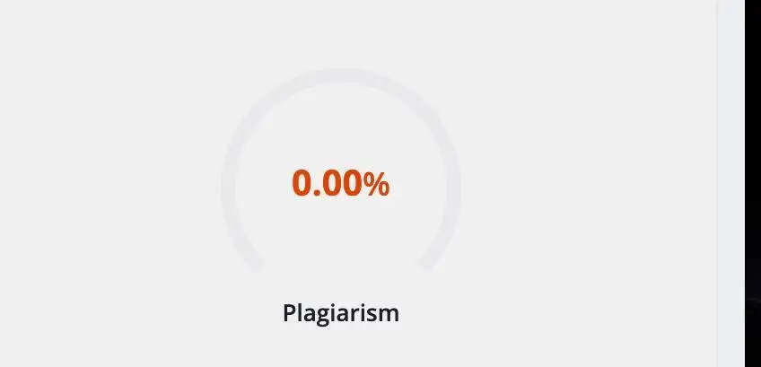 Circular zero percent plagiarism graph with orange text on light background