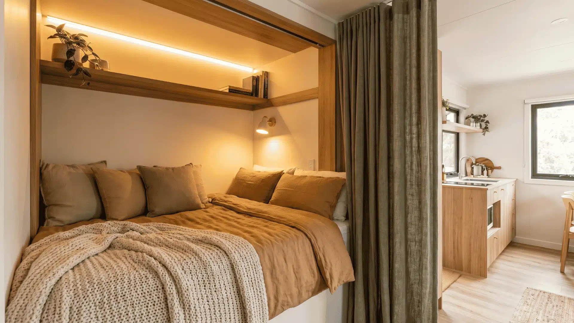Tiny home sleeping alcove with warm lighting and layered textiles