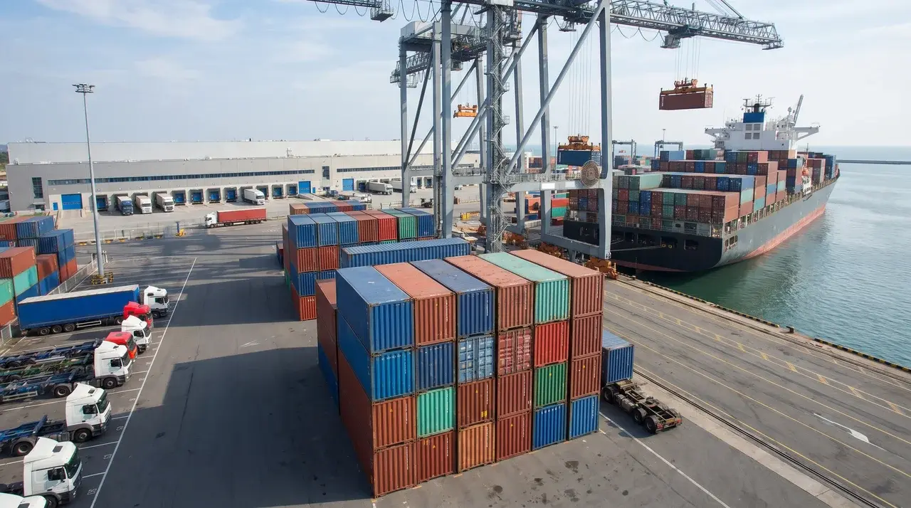 Cargo containers, container ship, freight trucks, and warehouse at an international logistics hub.