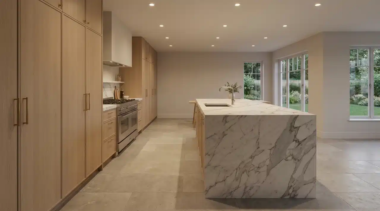 Calacatta marble waterfall island in open-plan kitchen with floor-to-ceiling cabinetry and recessed lighting