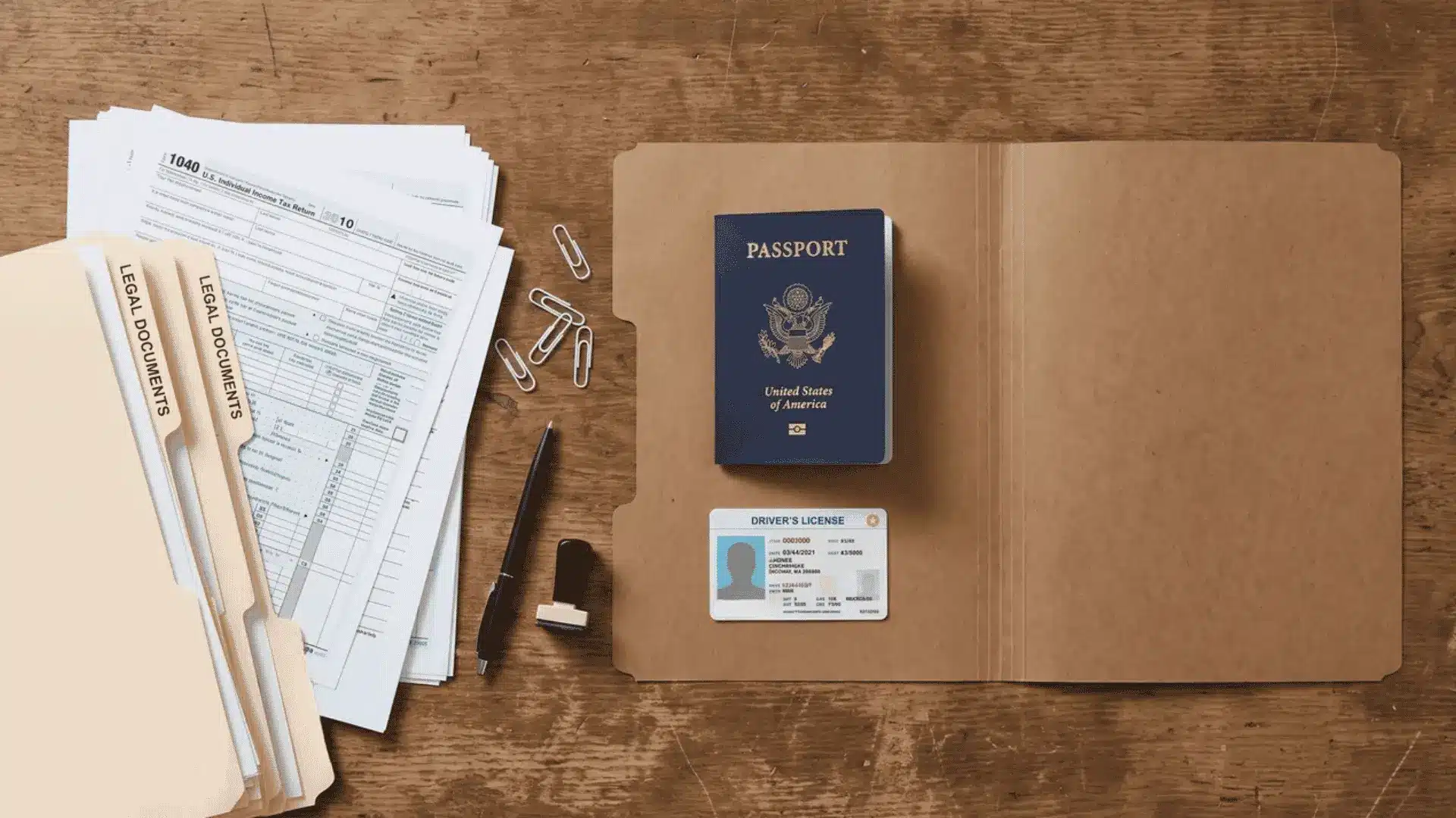 passport, ID card, and documents arranged on desk