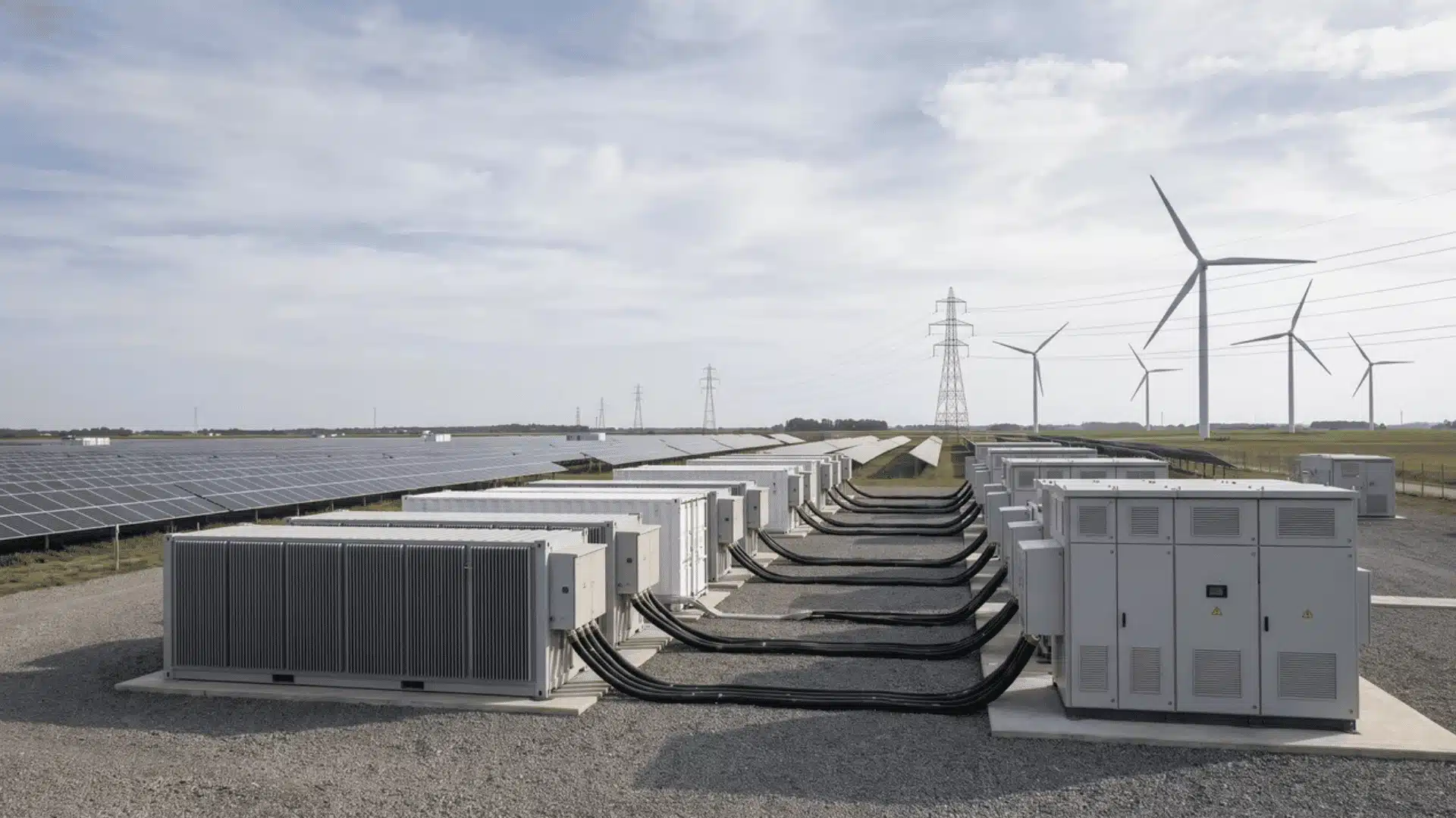 Renewable energy storage equipment connected to solar and wind power sources